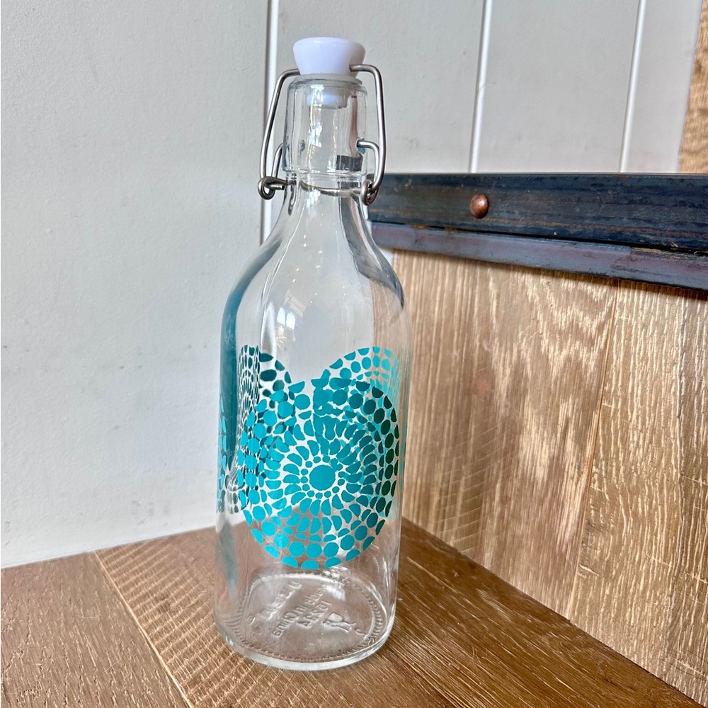 IKEA KORKEN 17oz Hinged Swing Top Stopper Glass Bottle with Teal Mandala Design